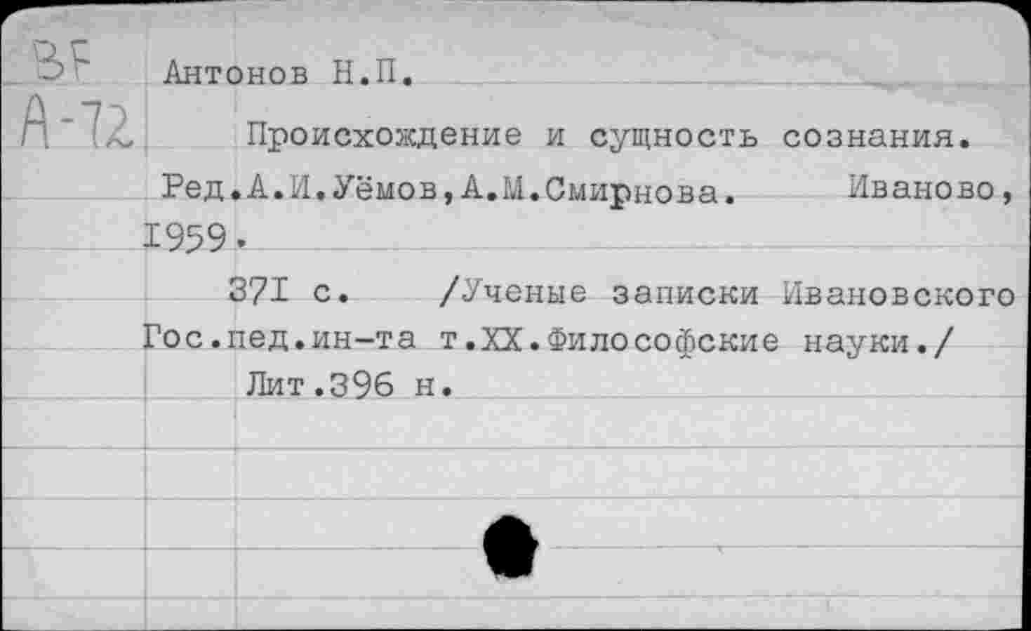 ﻿А 72;
Антонов Н.П.
Происхождение и сущность сознания
Ред.А.И.Уёмов,А.М.Смирнова. Иваново, 1959. 371 с. /Ученые записки Ивановского
Гос.пед.ин-та т.XX.Философские науки./
Лит.396 н.